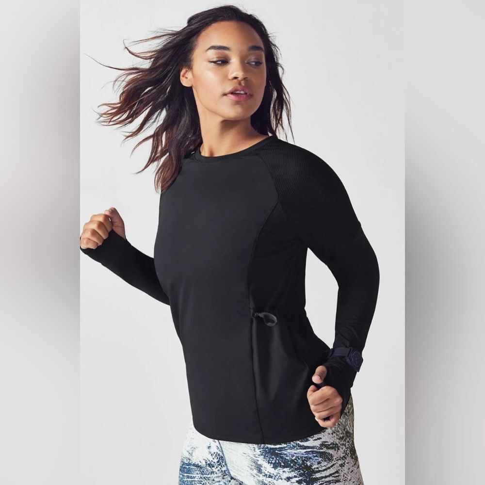 Fabletics Size Small Lana Black Mesh Cinch Waist Longsleeve Top